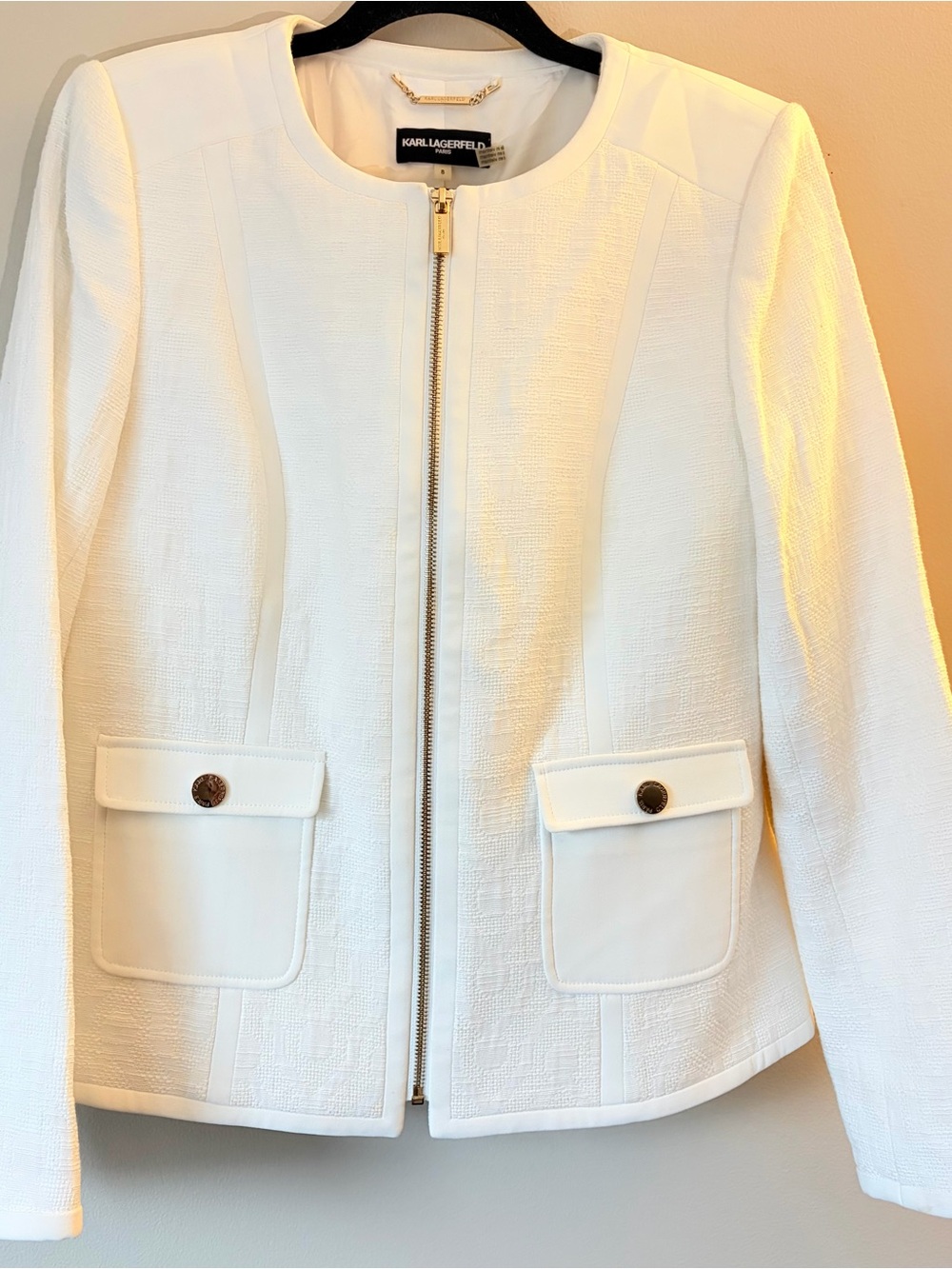 Karl Lagerfeld Women's Ivory-Front Tweed Lightweight Jacket size 8
